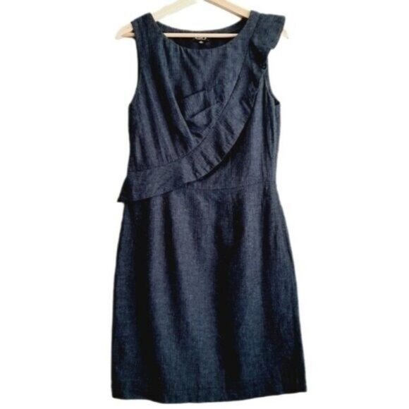 ALLEN B. / Linen & Cotton Blend Herringbone Pattern Dress Navy Blue Sz 10 - Picture 1 of 9